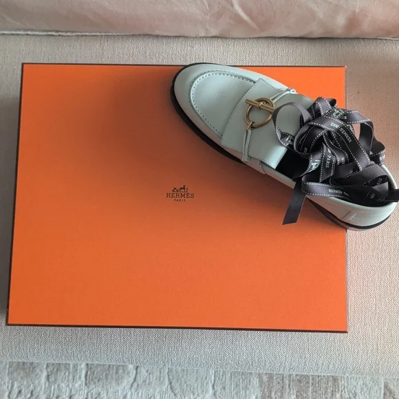 Hermes White Impact loafers with Gold Accent - Picture 6 of 7